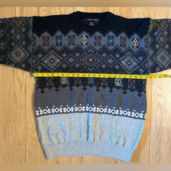 Architect Mens Vintage Wool Blend Gray Multicolor Geometric Pattern Sweater, L - Picture 5 of 5